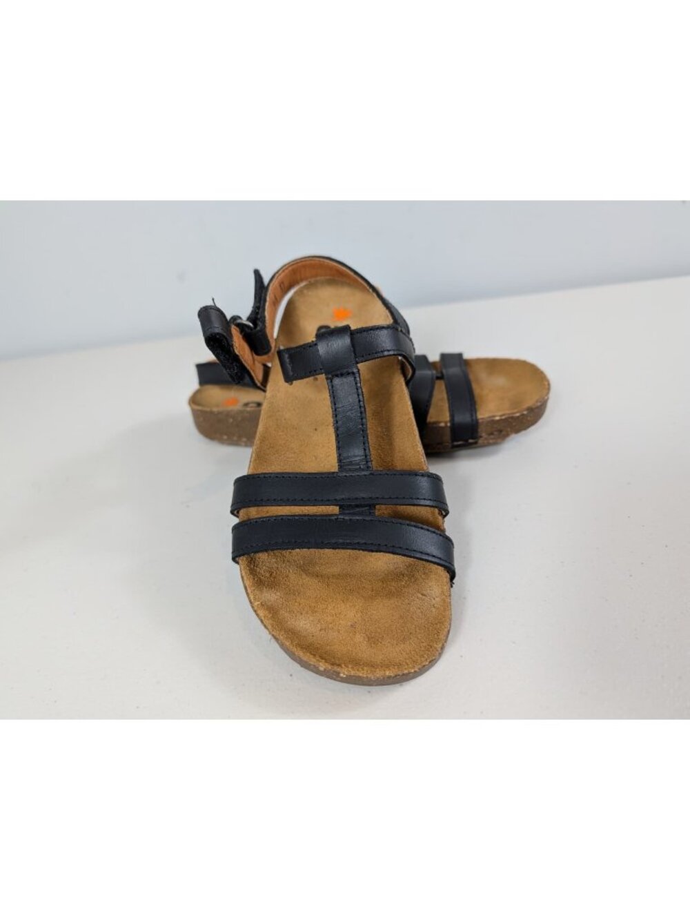 Art Women's Black Leather Sandals Adjustable Strap & Cork Sole Size 37